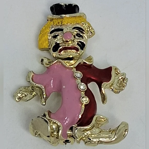 * Vintage Two-Faced Happy Sad Clown Spinning Head Pin Brooch